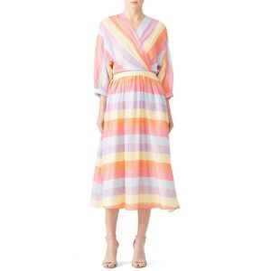 Tara Jarmon Stripey Midi Dress Women's 38 Multicolor V-Neck Elastic Waist Cotton
